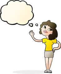 cartoon woman waving  with thought bubble