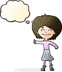 cartoon happy girl giving thumbs up symbol with thought bubble