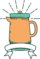 scroll banner with tattoo style coffee pot