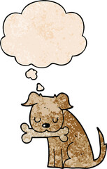 cartoon dog with thought bubble in grunge texture style