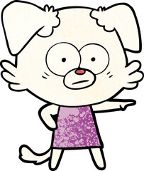 nervous cartoon dog in dress pointing