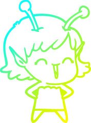 cold gradient line drawing of a cartoon alien girl laughing