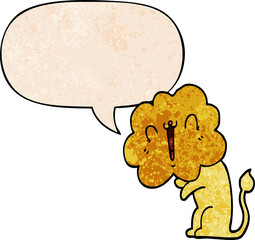 cute cartoon lion with speech bubble in retro texture style