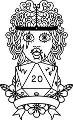 Black and White Tattoo linework Style half orc barbarian character with natural 20 dice roll