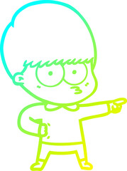 cold gradient line drawing of a nervous cartoon boy pointing