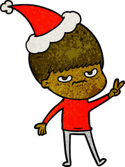 annoyed hand drawn textured cartoon of a boy wearing santa hat