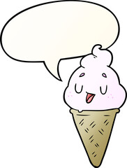 cute cartoon ice cream with speech bubble in smooth gradient style
