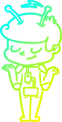 cold gradient line drawing of a friendly cartoon spaceman shrugging