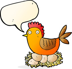 cartoon hen on eggs with speech bubble