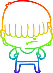 rainbow gradient line drawing of a cartoon boy with untidy hair
