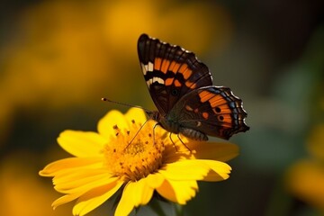 Vibrant butterfly perched on yellow flower. Generative AI