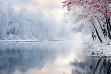 Beautiful lakes reflecting winter scenery, creating a calm and serene atmosphere. Generative AI