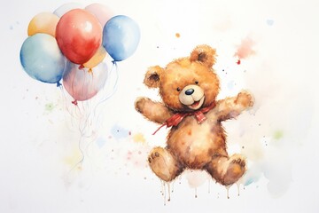 Cheerful watercolor artwork showing a joyous teddy bear. Generative AI