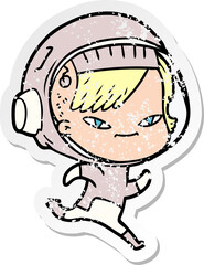 distressed sticker of a cartoon astronaut woman