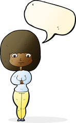 cartoon shy woman with speech bubble