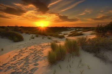 Serenity in nature: bedazzling sunset over dunes. Generative AI