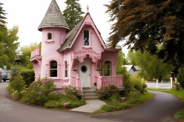 Fototapeta na wymiar Enchanting charming pink storybook house. Generative AI