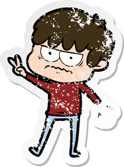 distressed sticker of a annoyed cartoon boy