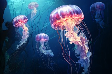 Multiple jellyfish swimming ocean water. Generative AI