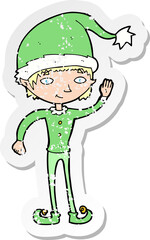 retro distressed sticker of a cartoon waving christmas elf