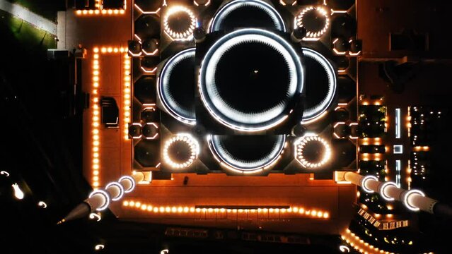 Grand dome of Camlica Mosque with the geometrical lighthing. Aerial Istanbul Nights

