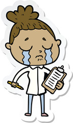 sticker of a cartoon crying saleswoman