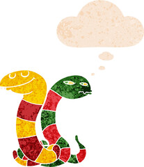 cartoon snakes with thought bubble in grunge distressed retro textured style