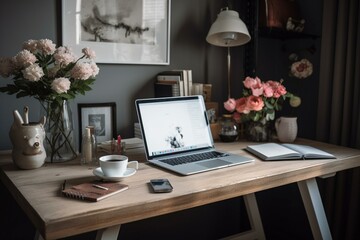 A home office setup with a laptop, diary, and flowers on a wooden table. Perfect for a simple lifestyle blog. Generative AI