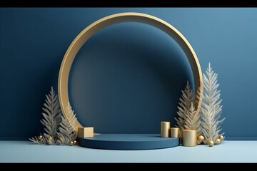 Blue Christmas background, empty stage, golden round arch, festive ornaments, spruce twigs. Minimalist holiday showcase for product presentation. Generative AI