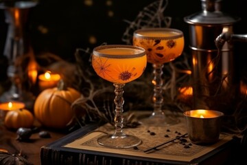 Fototapeta na wymiar sophisticated orange drink for Halloween, themed horror party, bartender creation with pumpkin juice. Generative AI