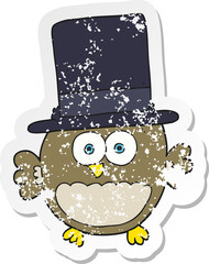 retro distressed sticker of a cartoon owl in top hat