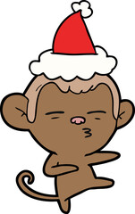 hand drawn line drawing of a suspicious monkey wearing santa hat