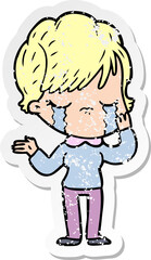 distressed sticker of a cartoon woman crying