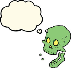 cartoon laughing skull with thought bubble