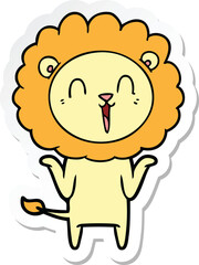 sticker of a laughing lion cartoon shrugging shoulders