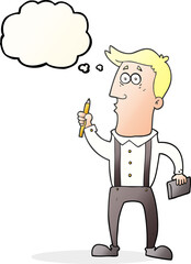 freehand drawn thought bubble cartoon man with notebook