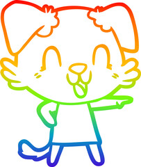 rainbow gradient line drawing of a laughing cartoon dog in dress