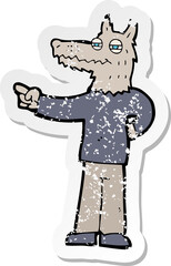 retro distressed sticker of a cartoon pointing wolf man