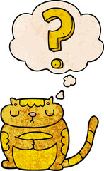 cartoon cat with question mark with thought bubble in grunge texture style