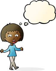 cartoon woman shrugging shoulders with thought bubble