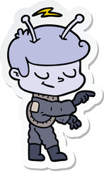 sticker of a friendly cartoon spaceman pointing