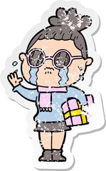 distressed sticker of a cartoon crying woman wearing spectacles