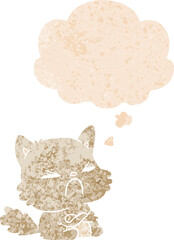 cartoon angry cat with thought bubble in grunge distressed retro textured style