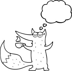 freehand drawn thought bubble cartoon wolf with coffee cup