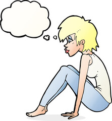 cartoon woman sitting with thought bubble