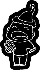 quirky cartoon icon of a shouting bald man wearing santa hat