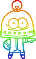 rainbow gradient line drawing of a happy carton robot with light bulb