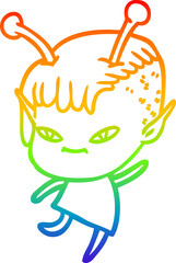 rainbow gradient line drawing of a cute cartoon alien girl