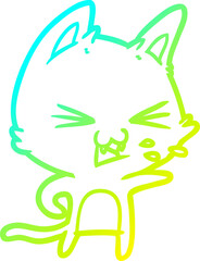 cold gradient line drawing of a cartoon cat hissing