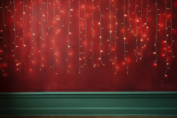 Silver And Green Twinkle Lights Against A Muted Red Background
